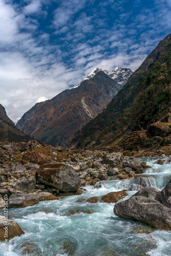 Hinku River in Hinku Valley with its source Mera Peak in the background