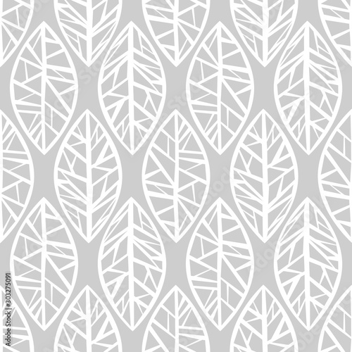 Seamless floral pattern with white geometric leaves on silver grey background.