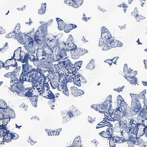 ..Butterflies. Seamless pattern. Vector vintage classic illustration. Blue and white