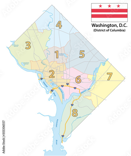 Map of the Eight Districts of Washington DC with flag