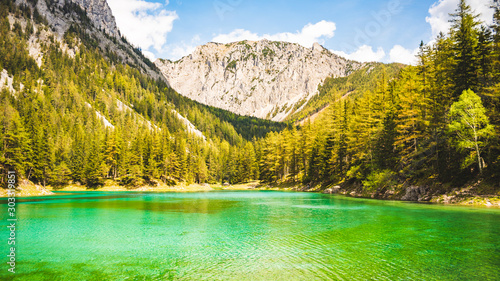 Gruner See, Austria Peaceful mountain view with famous green lake in Styria. Turquoise green color of water. Travel destination