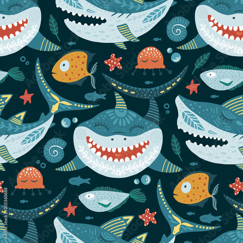 Seamless vector pattern with cute cartoon funny shark fish in a scandinavian flat style. Color kid ornate underwater fabric graphic illustration. Baby shark Doo Doo Doo.