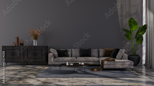 Modern interior design of a living room in an apartment, house, office, comfortable sofa, bright modern interior details and light from the window on the background of the Disiner wall.