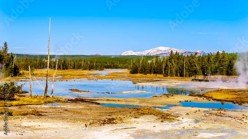 Crackling Lake in the Porcelain Basin of Norris Geyser Basin area in Yellowstone National Park in Wyoming, United States of America