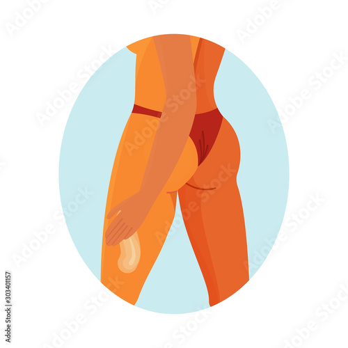 Beauty and cellulite treatment, self massage and health concept - woman apply cream on her leg and butts. Colorful isolated vector illustration in flat style. 