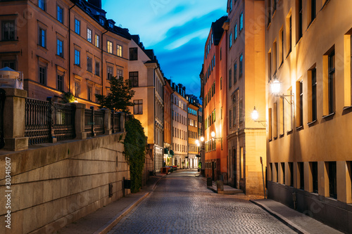 Stockholm, Sweden. Night View Of Traditional Stockholm Street. Residential Area, Cozy Street In Downtown. Osterlanggatan Street In Historical District Gamla Stan