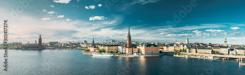 Stockholm, Sweden. Scenic View Of Stockholm Skyline At Summer Evening. Famous Popular Destination Scenic Place. Riddarholm Church In Panorama Panoramic View