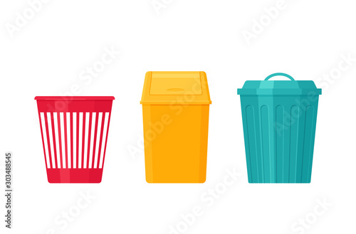 Garbage can. Trash bin. Vector. Plastic, metal dustbin icon. Flat design. Rubbish pail isolated on white background. Cartoon illustration.