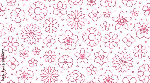 Floral seamless pattern, flower background. Outline flowers - line chamomile, jasmine, daisy. Pink white color simple summer plants