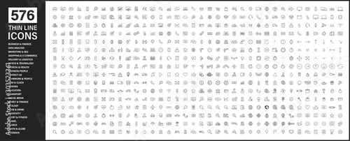 Big collection of 576 thin line icon. Web icons. Business, finance, seo, shopping, logistics, medical, health, people, teamwork, contact us, arrows, technology, social media, education, creativity.
