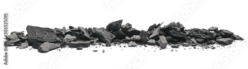 Charcoal chunks pile isolated on white background