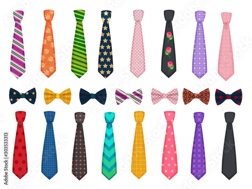 Tie collection. Men suits accessories bows and ties fashioned vector illustrations. Necktie accessory, clothes striped, tie bow collection