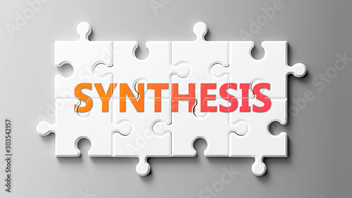 Synthesis complex like a puzzle - pictured as word Synthesis on a puzzle pieces to show that Synthesis can be difficult and needs cooperating pieces that fit together, 3d illustration