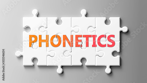Phonetics complex like a puzzle - pictured as word Phonetics on a puzzle pieces to show that Phonetics can be difficult and needs cooperating pieces that fit together, 3d illustration