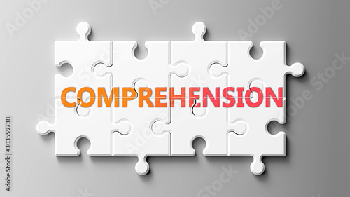 Comprehension complex like a puzzle - pictured as word Comprehension on a puzzle pieces to show that Comprehension can be difficult and needs cooperating pieces that fit together, 3d illustration