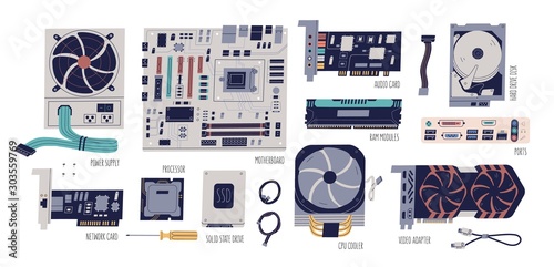 Computer hardware colorful flat vector illustrations set. Motherboard, network, audio and video card, processor, adapter. Processor cooler, power supply, ports and cables collection.