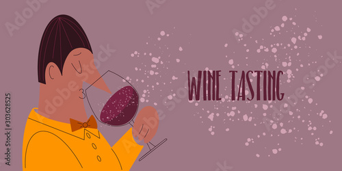 Wine tasting. A well dressed man with a big nose smells the wine. Professional sommelier in a yellow jacket and a orange bow tie sips the red wine. Wine expert enjoys the glass of wine.- Vector