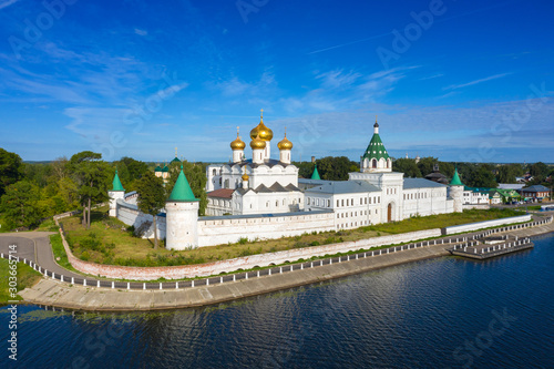 Aerial view of famous Ipatievsky (Hypatian) Monastery in ancient touristic town Kostroma, Russia.