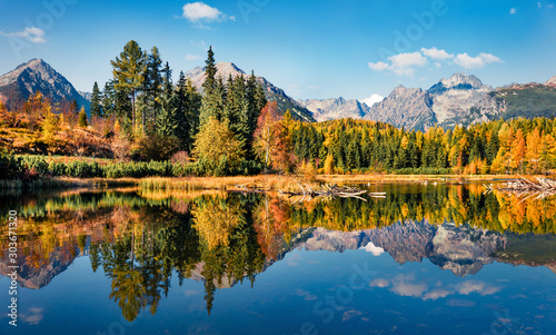 Majestic autumn view of Strbske pleso lake. Spectacular morning scene of High Tatra National Park, Slovakia, Europe. Beauty of nature concept background.