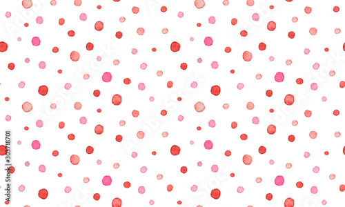 All over seamless repeat pattern with scattered tossed hand painted watercolor dot in red and pink on a white background