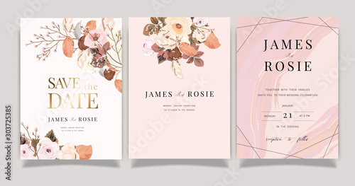 Autumn and winter Flower Wedding Invitation set, floral invite thank you, rsvp modern card Design in pink brown floral with leaf greenery branches decorative Vector elegant rustic template