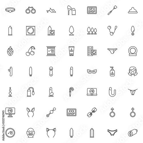 Sex shop line icons set. linear style symbols collection, outline signs pack. vector graphics. Set includes icons as Ball gag, handcuffs, condom, butt anal plug, lubricant, vibrator dildo sex toy