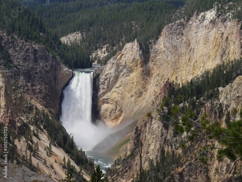 Breathtaking view of the Lower Yellowstone Falls, the biggest waterfalls at the Yellowstone National Park in Wyoming.