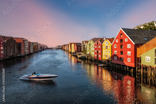 Cityscape of Trondheim, Norway - architecture background in july 2019. Sunset