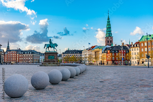 Statue of Frederik VII in front of Christiansborg palace at Copenhagen, Denmark