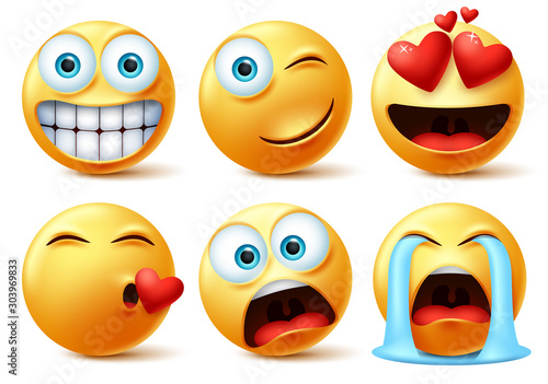 Emojis and emoticons face vector set. Emoticon of cute yellow faces in kissing, in love, crying, surprise, and happy facial expressions isolated in white background. Vector illustration.