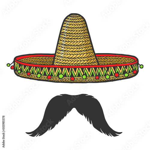 Mexican sombrero hat and mustache sketch engraving vector illustration. T-shirt apparel print design. Scratch board style imitation. Black and white hand drawn image.