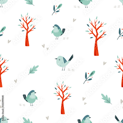 Seamless pattern with cute birds. Vector design