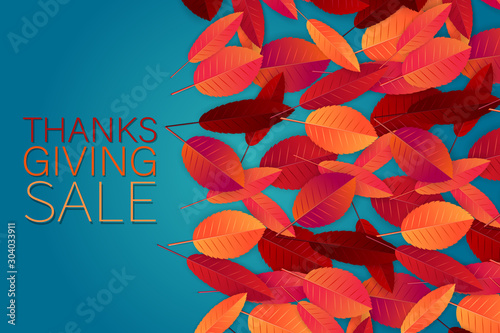 Thanksgiving sale flyer or poster. Fall traditional american holiday. Background with maple and oak red and orange leaves. Vector illustration.