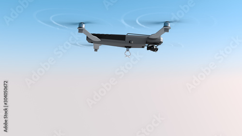 Flying drone with cargo mount. Side view. 3D rendering.