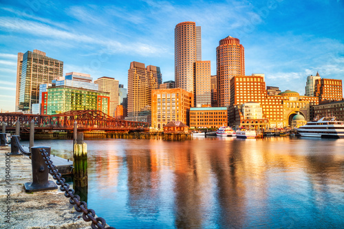 Boston Skyline with Financial District and Boston Harbor at Sunrise