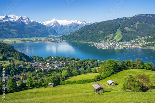 Panoramic view of beautiful scenery in the Alps with clear lake, green meadow, blooming flowers, traditional alpine chalets on a sunny day with blue sky in spring, Zell am See, Salzburger Land, Austri