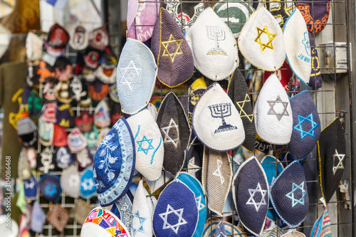 Valiety of kippa's sold in kippa shop inJerusalem, Israel.