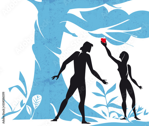 Adam and Eve in the Eden garden with the forbidden fruit
