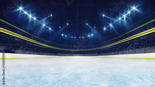 Empty ice rink and illuminated stadium with fans, front playground view. Professional ice hockey sport 3D render illustration background.