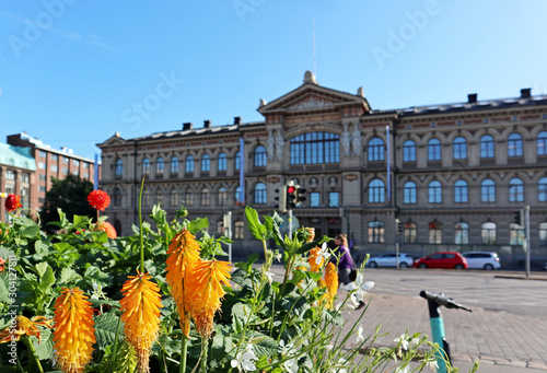 Ateneum finnish big museum in Helsinki and flowers summer city streets famous places city center