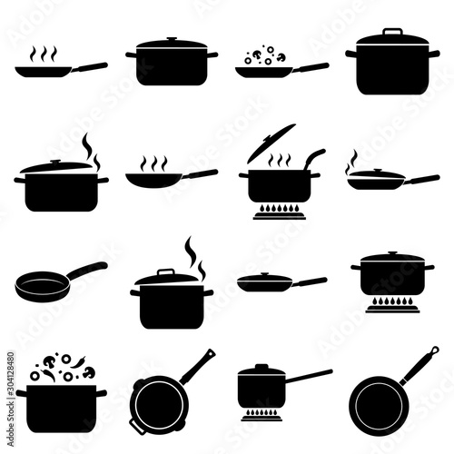 Frying pan and pan set icon, logo isolated on white background. Cooking , Roasting food