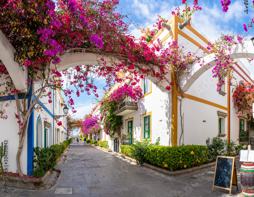 Street with blooming trees in Puerto de Mogan, Gran Canaria, Spain. Favorite vacation place for tourists and locals on island.