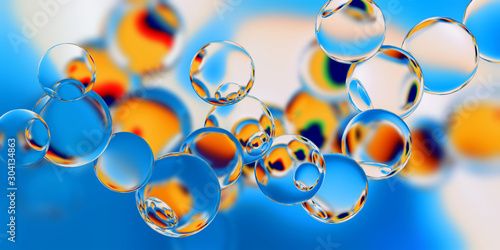 Model of the molecule on a blue background. Abstract 3d illustration relevant to scientific, chemical, and physical subjects.