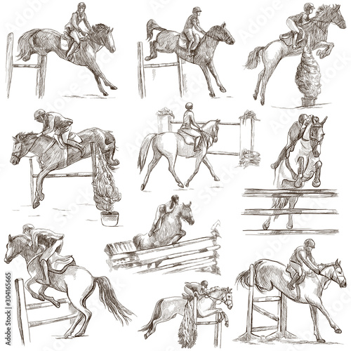Horses - show jumping. Collection, pack of freehand sketches. Line art.