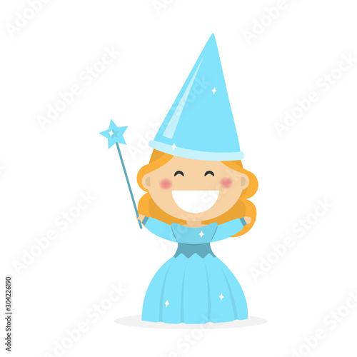 Girl dressed as a fairy godmother. Flat vector illustration