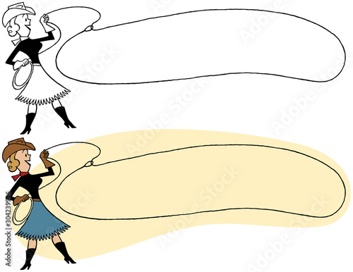 A cartoon of a cowgirl twirling a lasso that forms a blank sign. 