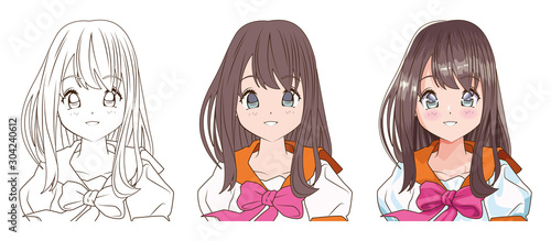 drawing process of young woman anime style character