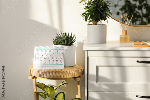 Paper calendar and succulent on wooden chair indoors