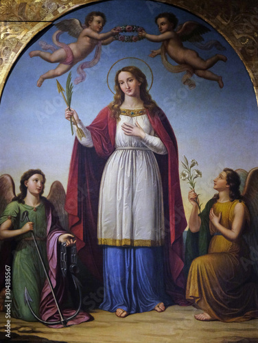 Saint Philomena flanked by two angels by Stefano Lembi, San Michele in Foro church in Lucca, Tuscany, Italy 