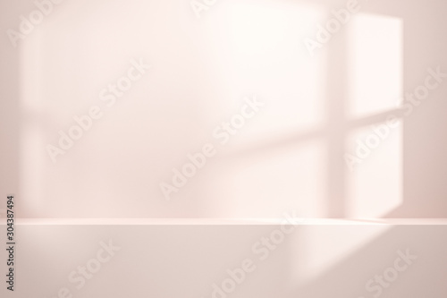 Front view of empty shelf or counter on white wall background with natural light of window. Display of room shelves for showing minimal concept. Realistic 3D render.